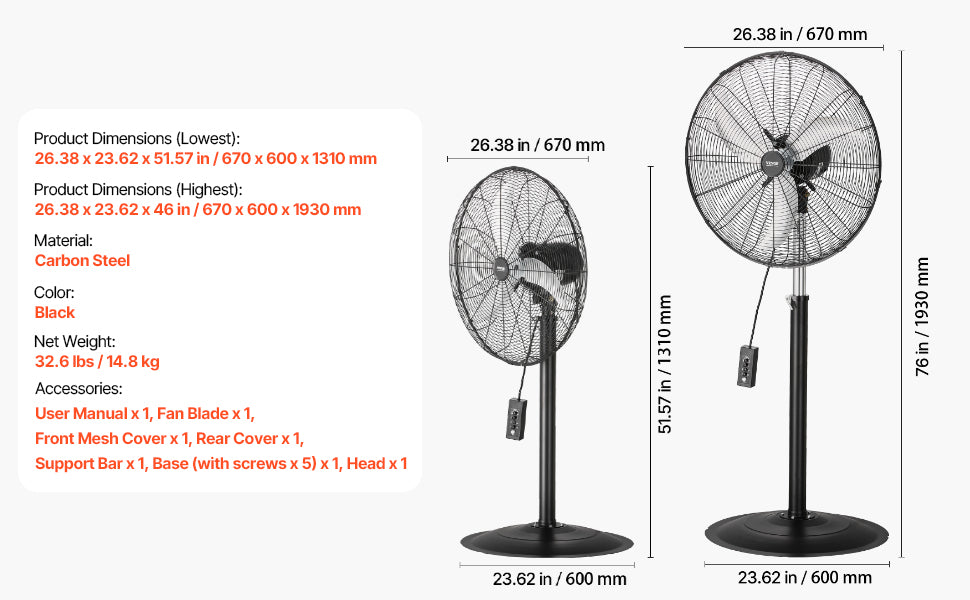 Industrial Pedestal Fan Oscillating 75 Degree Height Adjustment 3 Speed