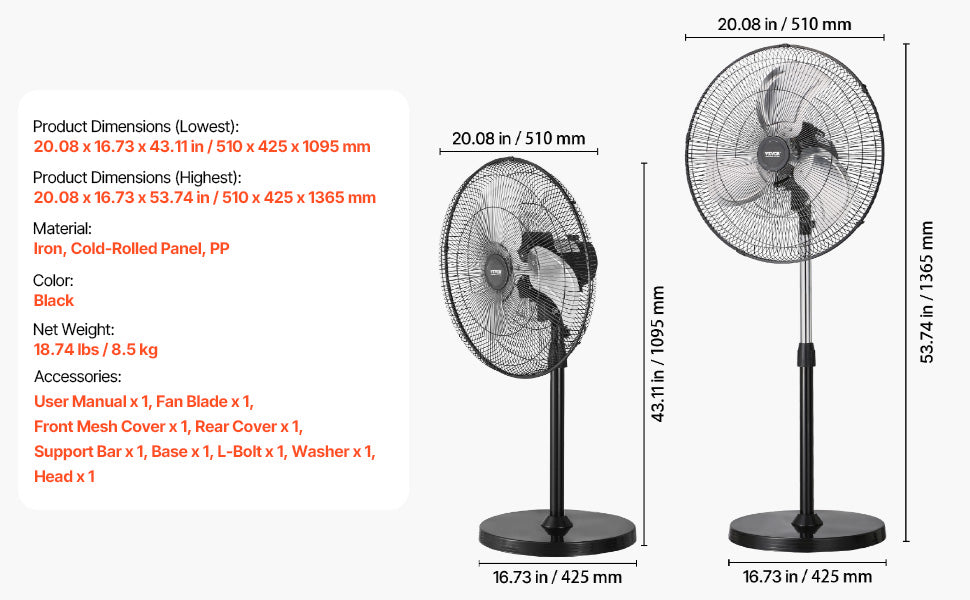 VEVOR Industrial Pedestal Fan 85-Degree Oscillating 3-Speed