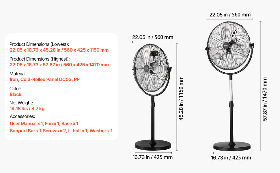 VEVOR Industrial Pedestal Fan 85-Degree Oscillating 3-Speed