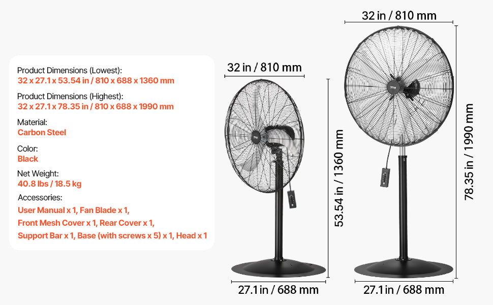 VEVOR Industrial Pedestal Fan 85-Degree Oscillating 3-Speed