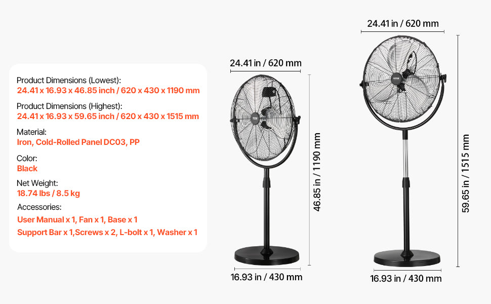 VEVOR Industrial Pedestal Fan 85-Degree Oscillating 3-Speed