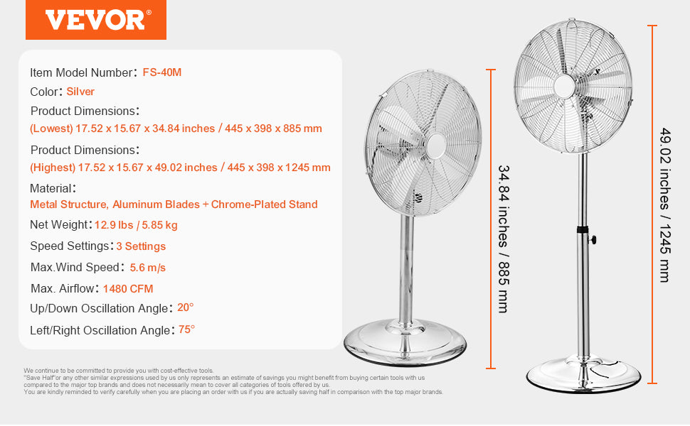 VEVOR Industrial Pedestal Fan 85-Degree Oscillating 3-Speed