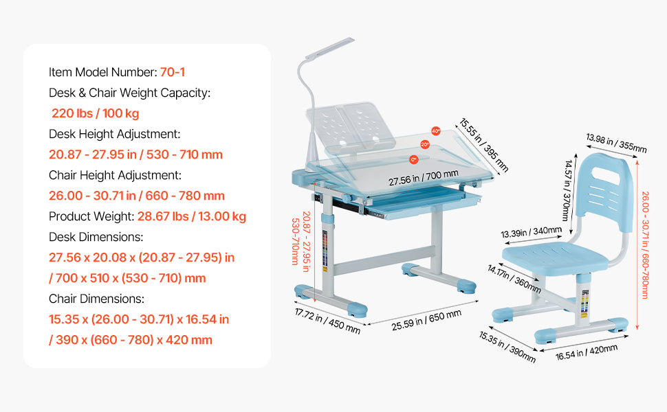 SucceBuy Kids Study Desk and Chair Set with Adjustable Height
